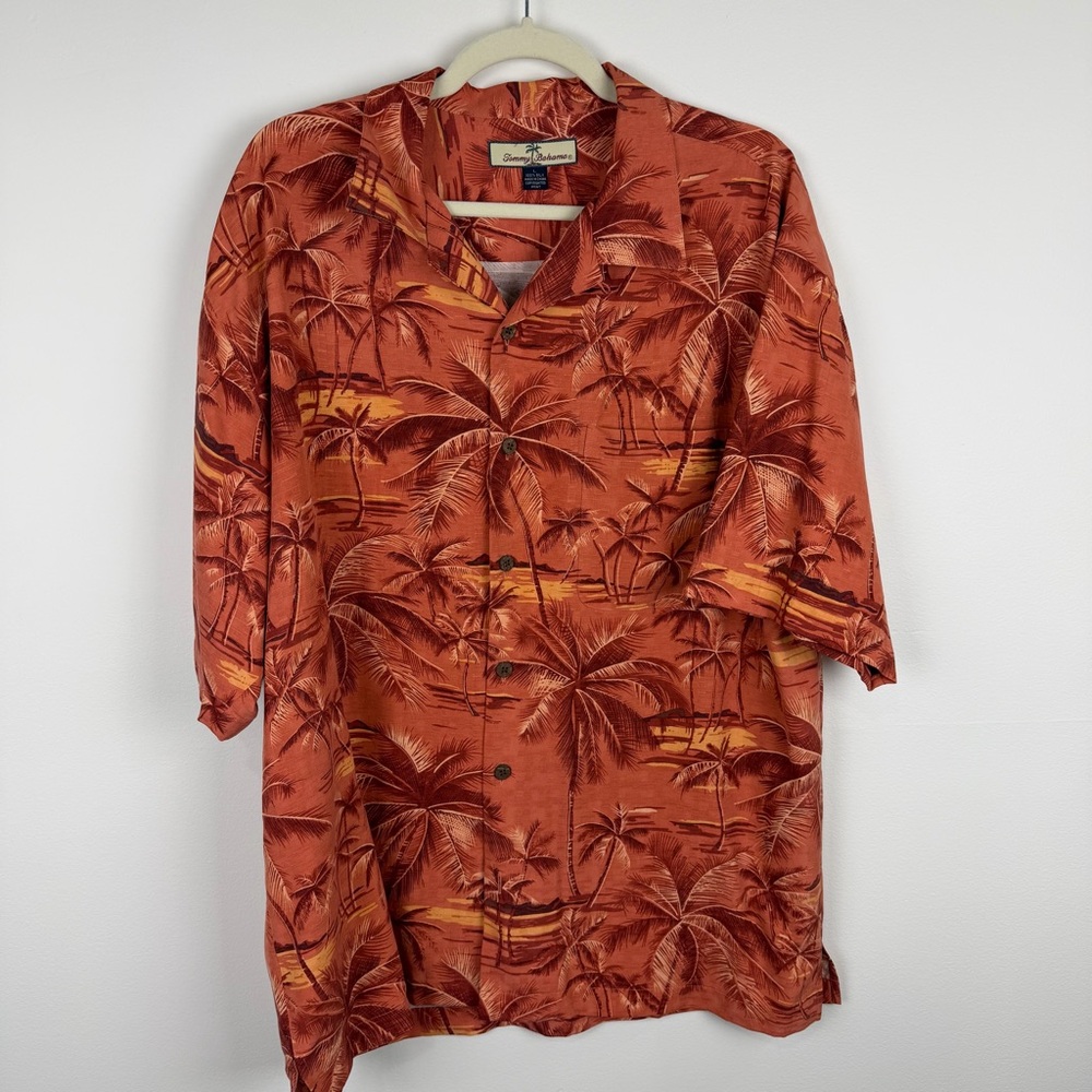 Vintage Tommy Bahama Rust Palm Tree Silk Hawaiian Shirt Tropical Resort Sz L